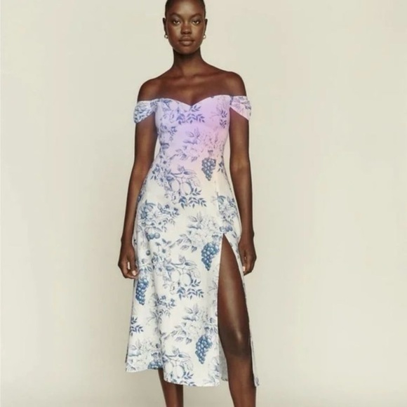 Reformation Blue and White Off-Shoulder Sundress with Slit - Picture 6 of 7